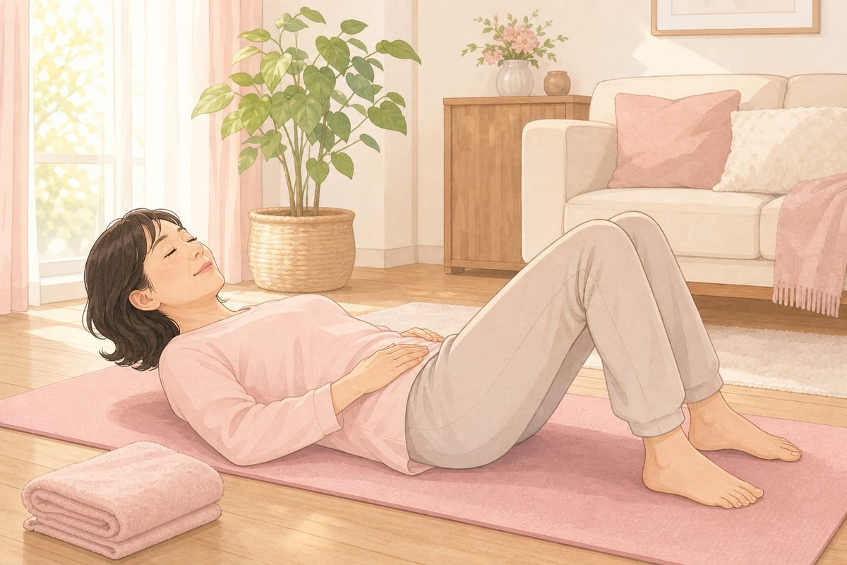 骨盤底筋体操を自宅で行う女性のイラスト