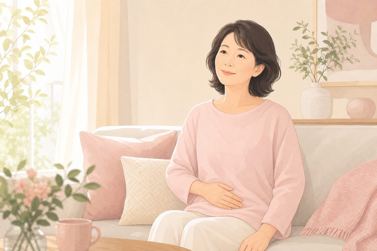 膀胱瘤（膀胱脱）と尿もれについて、自宅で落ち着いて過ごす女性のイラスト
