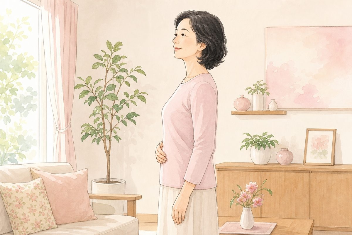 内臓下垂と姿勢について、背筋を伸ばして立つ女性のイラスト