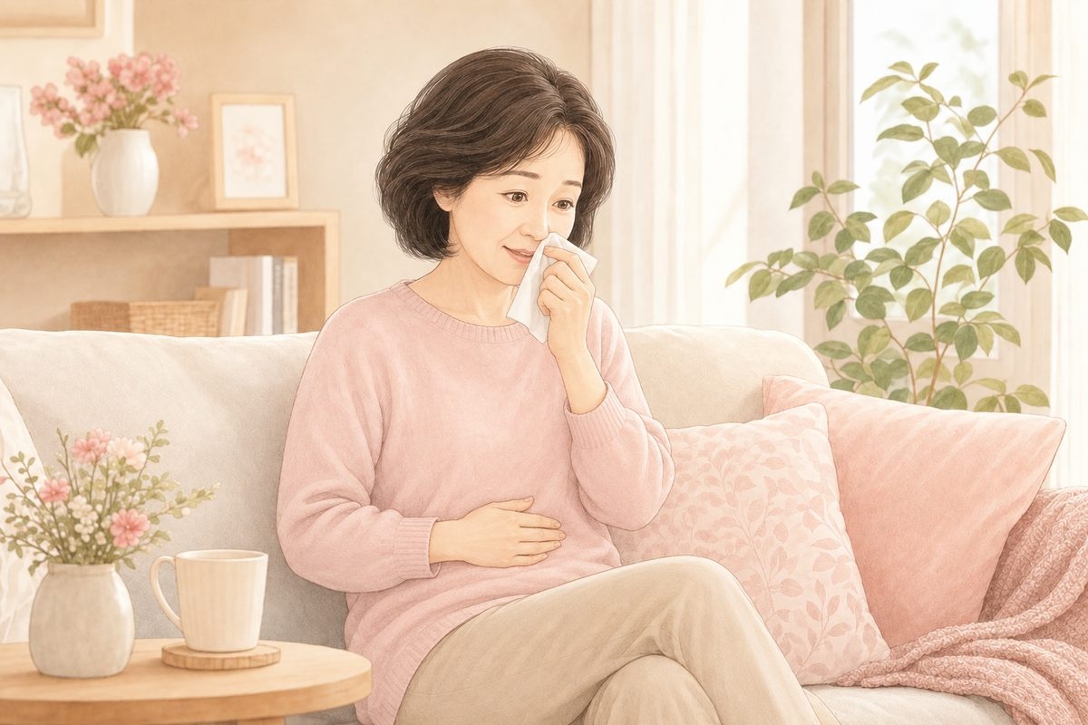 くしゃみをして思わず下腹に手を当てる女性｜膀胱瘤と尿もれ