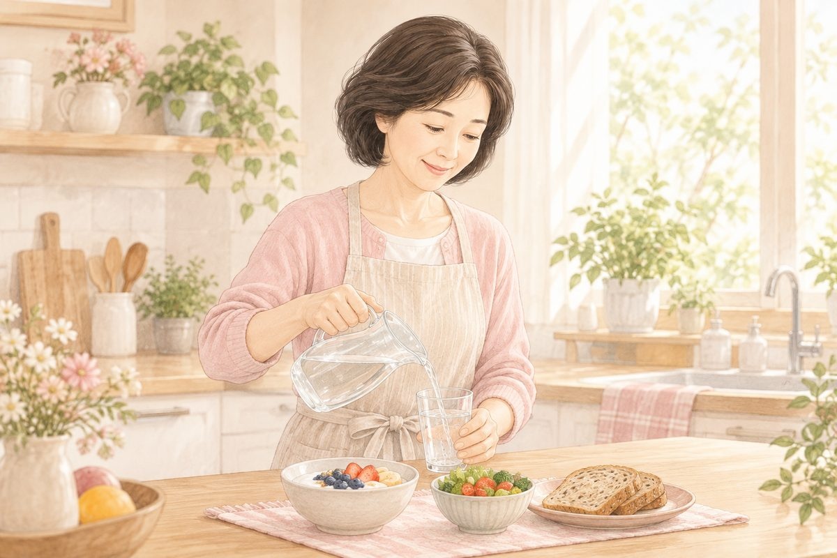 明るいキッチンで朝食と水を用意する女性｜直腸瘤と便通のケア