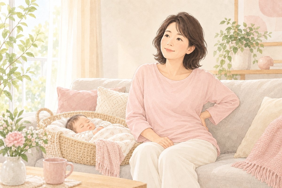 明るいリビングで赤ちゃんのそばに座る産後の女性｜産後の骨盤ケア