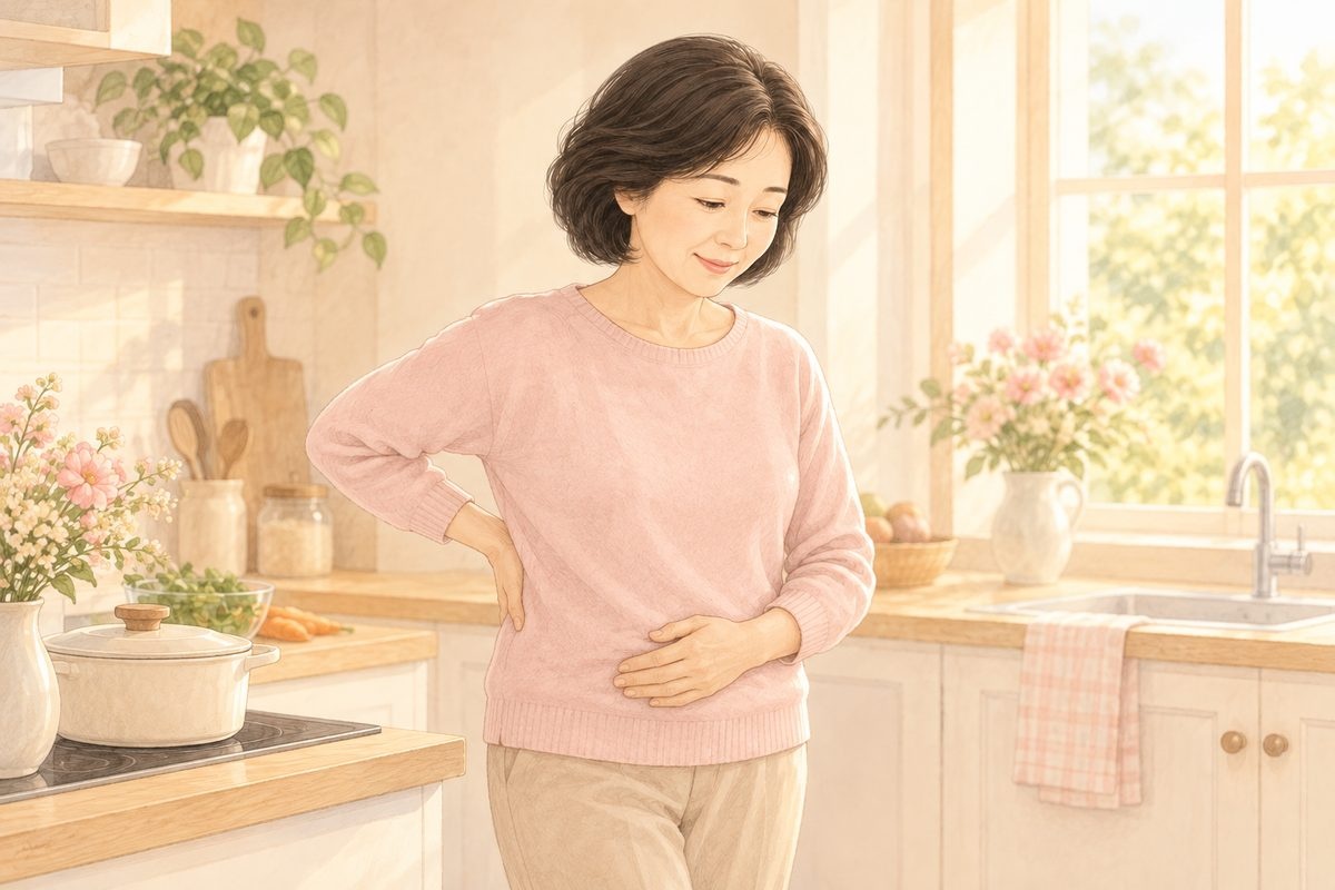 夕方のキッチンで腰と下腹に手を当て、体の変化に気づく女性｜骨盤臓器脱のセルフチェック