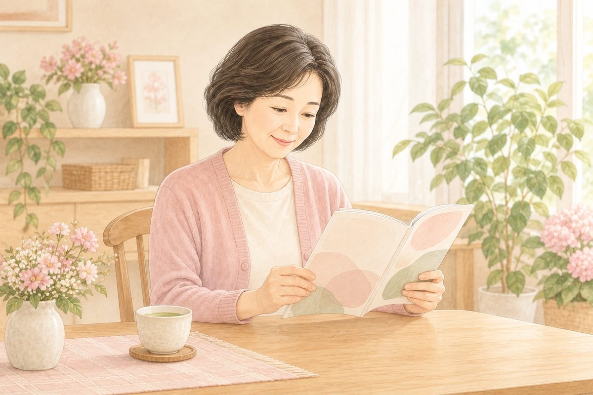 ダイニングテーブルで冊子を読み、子宮脱の対処法について落ち着いて調べる女性