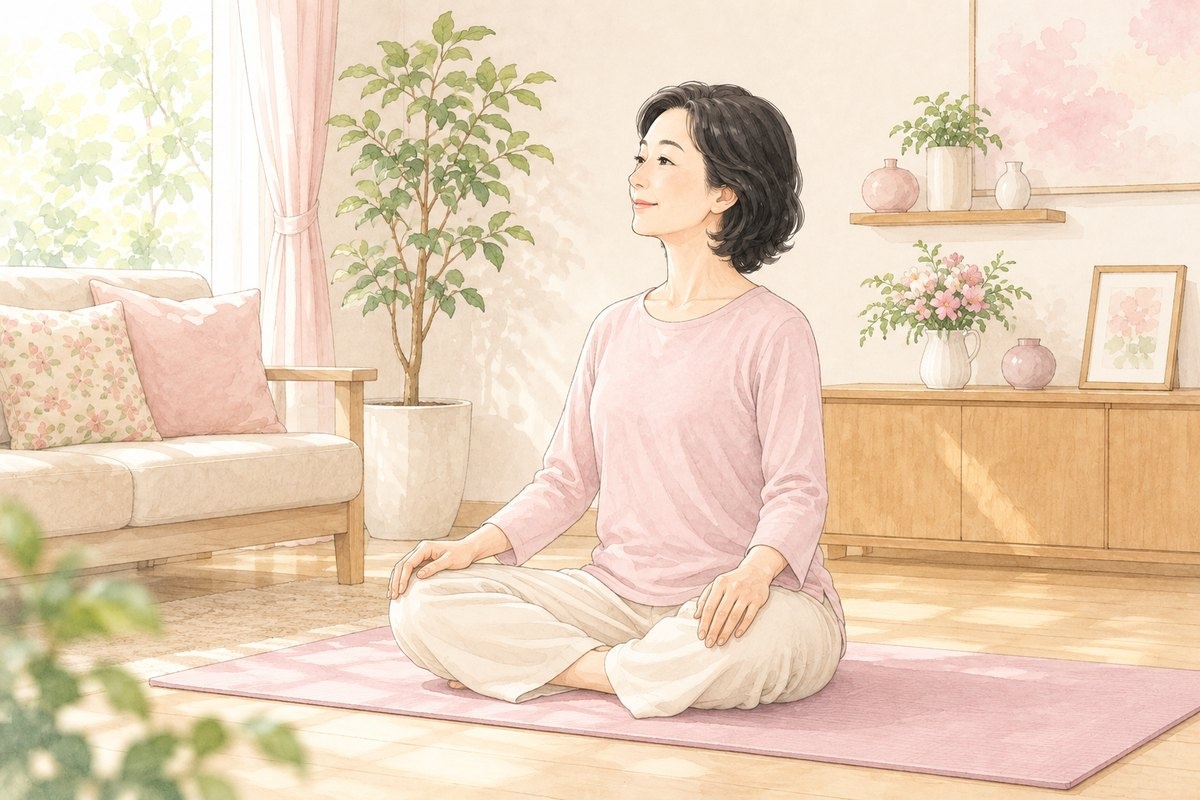 明るいリビングでヨガマットに座り、呼吸を整える女性｜骨盤底筋体操