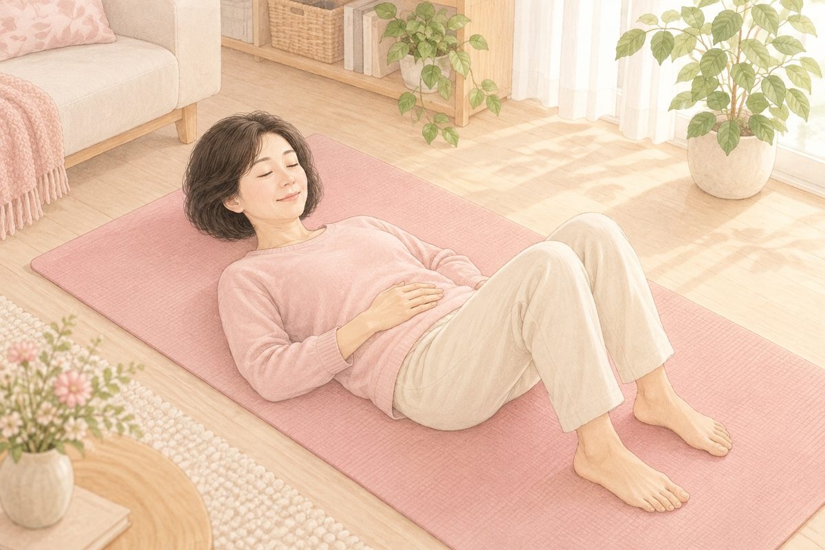 ヨガマットにあお向けで膝を立て、下腹に手を当てて力の入り方を確かめる女性｜骨盤底筋体操