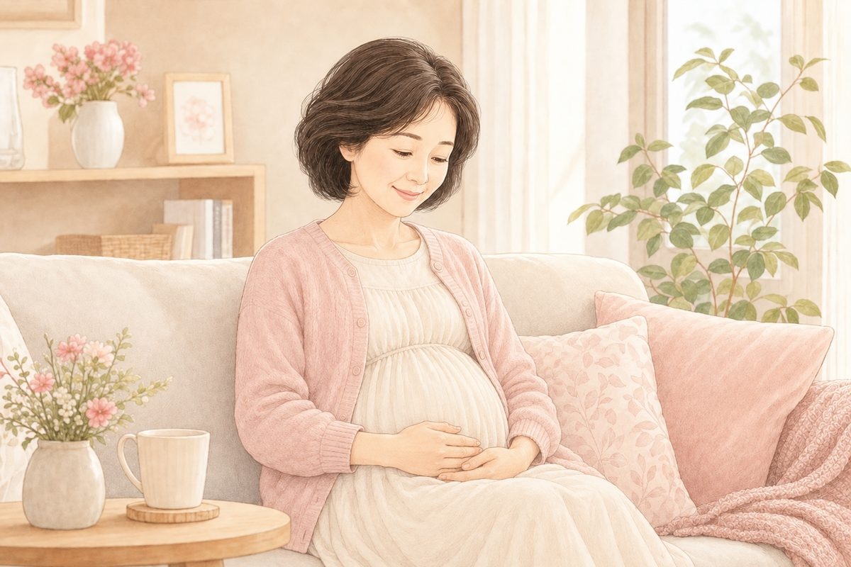 ソファでお腹に手を添えてくつろぐ妊婦さん