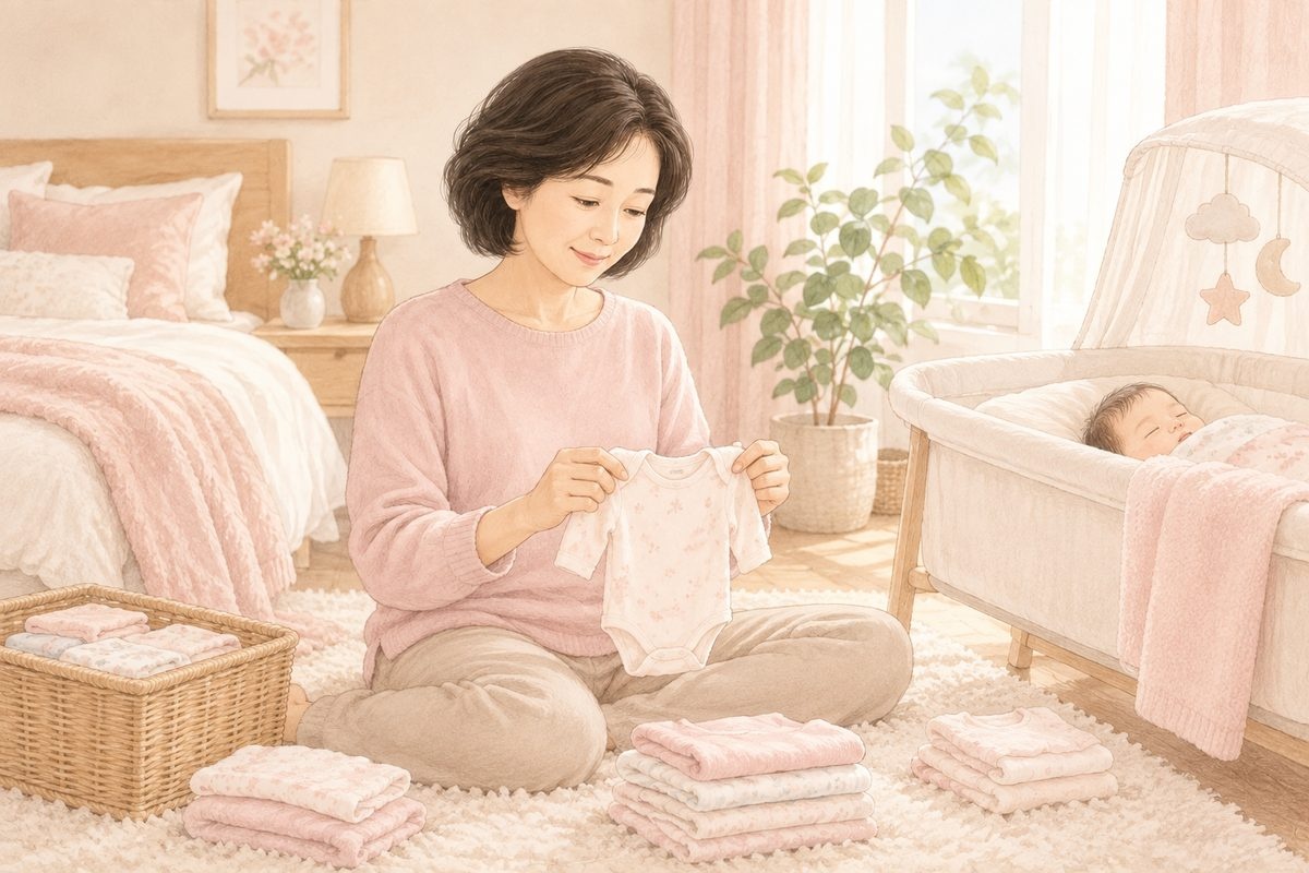 赤ちゃんのお昼寝中に小さな服をたたむ産後の女性