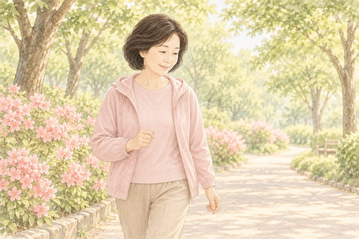 公園の小道を散歩する女性|子宮脱のセルフケアと生活習慣