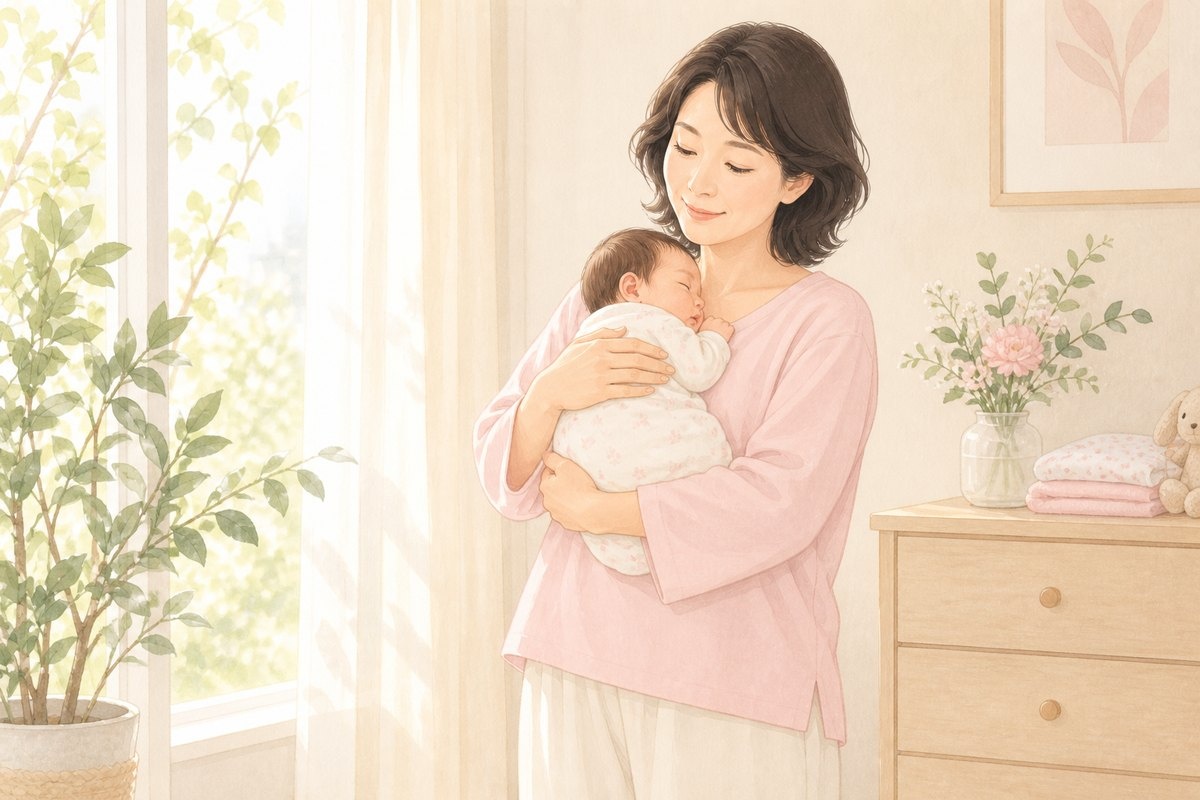 窓辺で赤ちゃんを抱く産後の女性｜骨盤ケアをいつから始めるか
