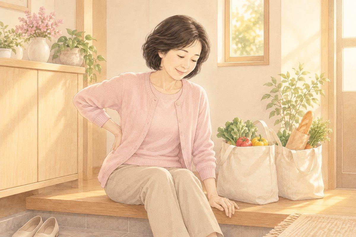 夕方、買い物から帰って玄関で腰に手を当てて一息つく女性｜症状が出やすい時間帯