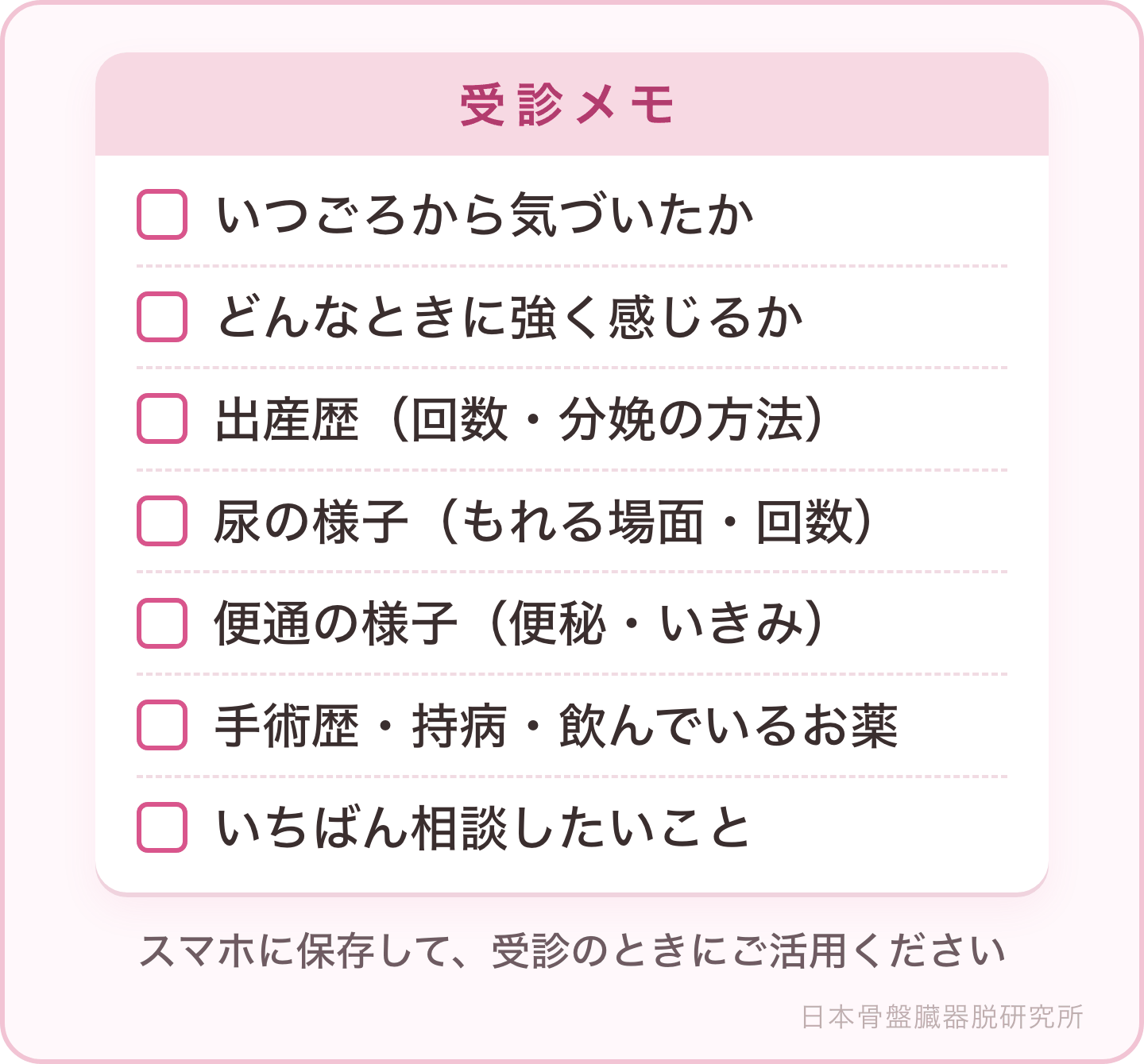 受診メモ：いつごろから気づいたか・どんなときに強く感じるか・出産歴・尿の様子・便通の様子・手術歴や持病やお薬・いちばん相談したいこと